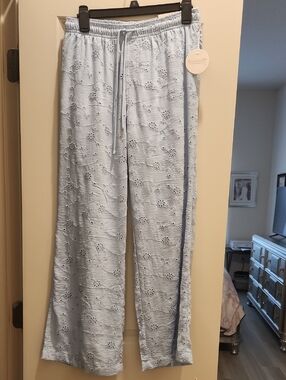 Light Blue Eyelet Wide-Leg Pants with Drawstring Waist